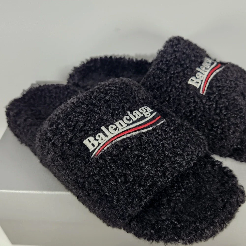 Balenciaga Pool Slide Mens Size 10 Black Shearling Political Campaign Logo